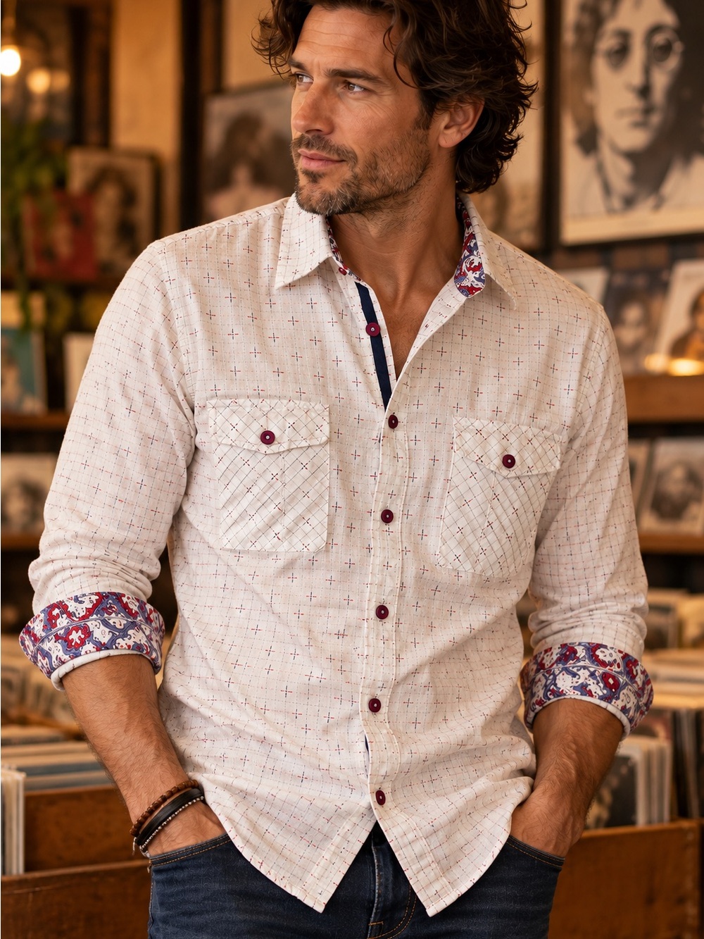 John Lennon English Laundry Art Button Down Shirt L Paisley Cotton